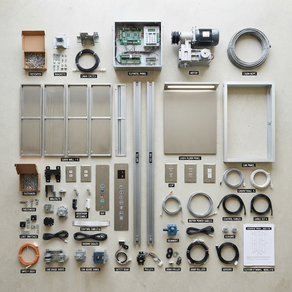 Elevator components and technical equipment for installation and maintenance